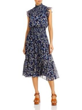 Aqua Navy Floral Smocked Midi Dress